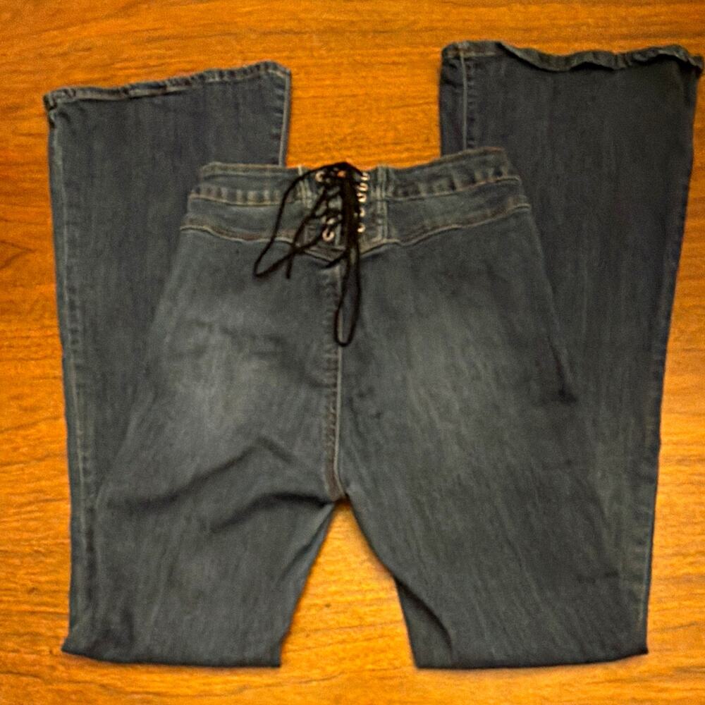 S.O.N.G. Fit N Flare Lace-Up Back Slim Mid Rise Flared Jeans 1 Y2K Retro Vintage
